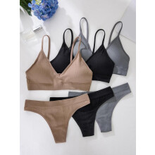 (Multicolor5, L) Women's Solid Textured Wireless Seamless Bra & Panty Set, Soft Comfy Breathable Bra & Panty Set, Lingerie Set for Women