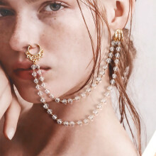Women Gold Ethnic Double Layer Nose to Ear Chain Wedding Party ZW434 Free Size