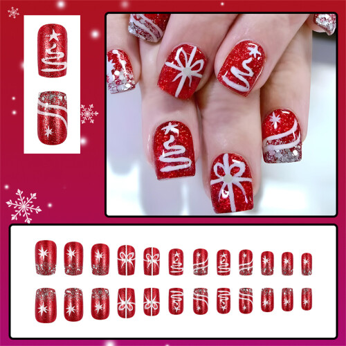 Christmas Press on Nails Short Square Stick on Nail False Nails 1