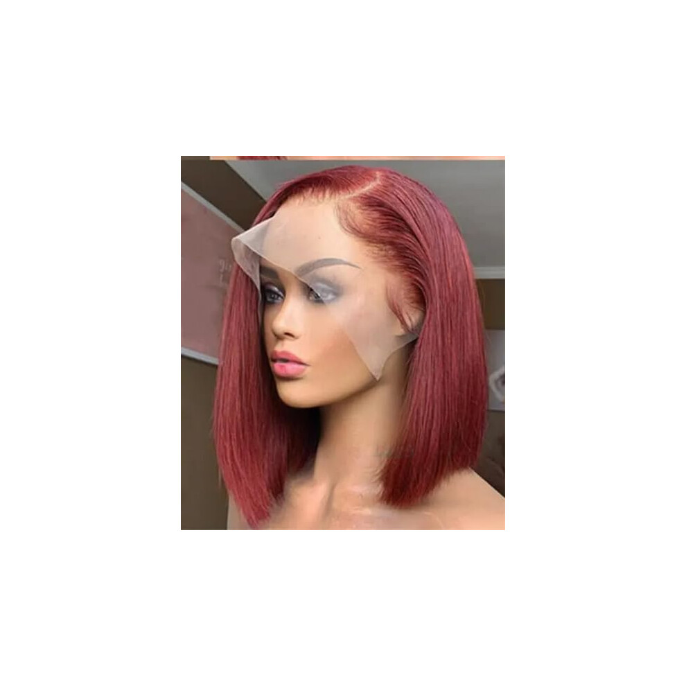 Unisex Light/Brown Straight Bob Lace Front Wig Glueless Human Hair 14 Inch 150% Density 99J Color Pre Plucked Hairline 13X4 Frontal Wig