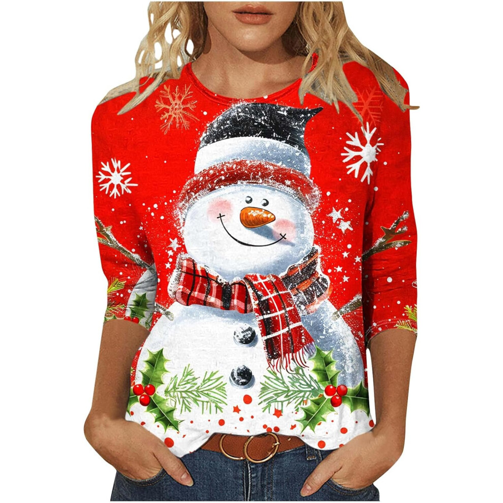 (M, 001 Red) Christmas Sweatshirts for Womens Christmas Jumpers Ladies Tops Novelty Funny Graphic Tees Trendy 3/4 Sleeve Tops Crew Neck Pullover Blous-image-OPC-PKF5CNP-NEW