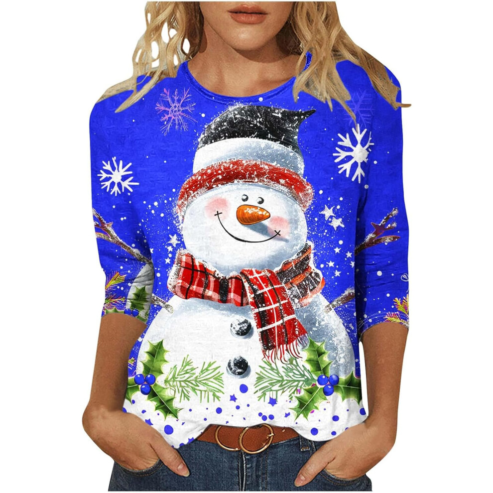 (XXL, 001 Blue) Christmas Sweatshirts for Womens Christmas Jumpers Ladies Tops Novelty Funny Graphic Tees Trendy 3/4 Sleeve Tops Crew Neck Pullover Bl-image-OPC-PKF5CR7-NEW