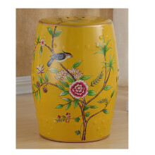 Vintage Floral Ceramic Garden Stool, Round Chinoiserie Side Table, Yellow Porcelain Ottoman & Plant Stand for Indoor Outdoor Use