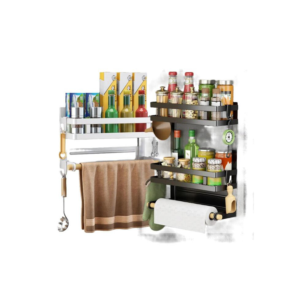 (White*1 pc+Signal Black*1 pc, 1 Tier) Refrigerator Magnetic Rack, Magnetic Spice Rack with Hooks, Metal Fridge Spice Rack Organizer for Kitchen, Birt-image-OPC-PKF5RYN-NEW