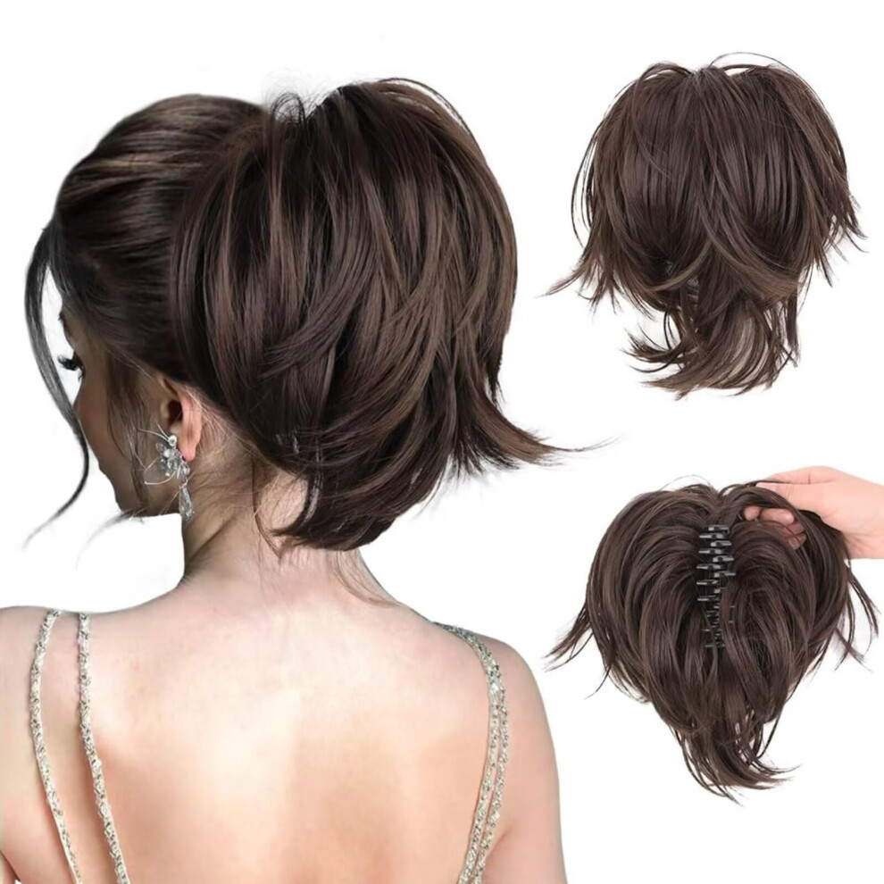 Unisex Brown Claw Clip Messy Bun Hair Piece Short Ponytail Extension With Bendable Metal Wires Synthetic Hair In For Women