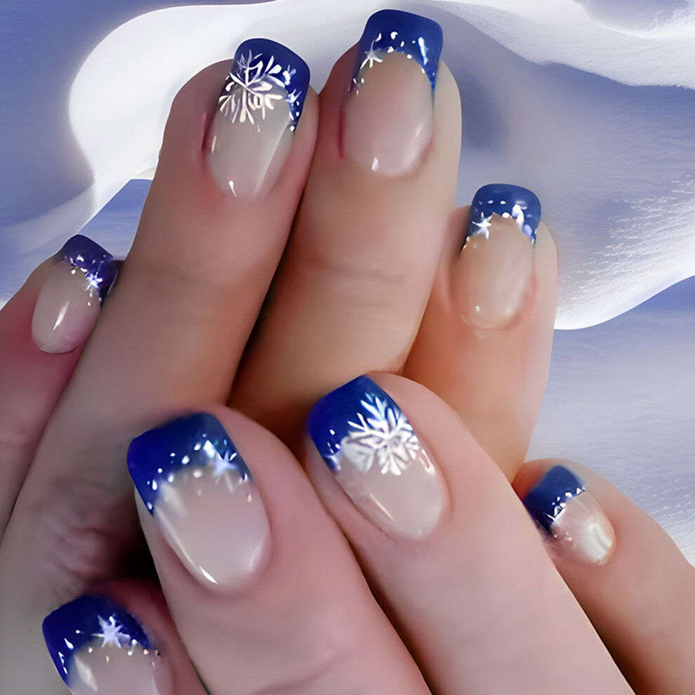 Short Square False Nails 24Pcs Snowflake Press ons Winter