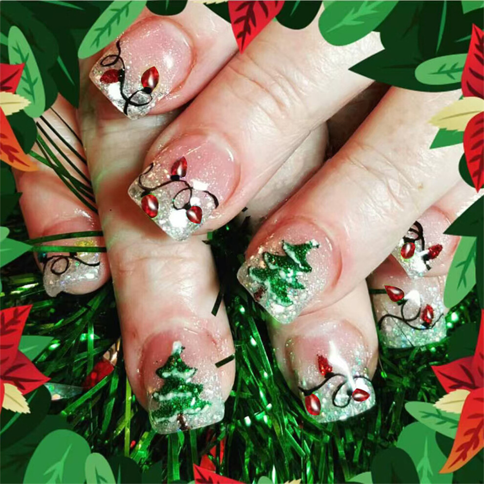 24 Pcs Christmas Press On Nails Glittering False Nails Square