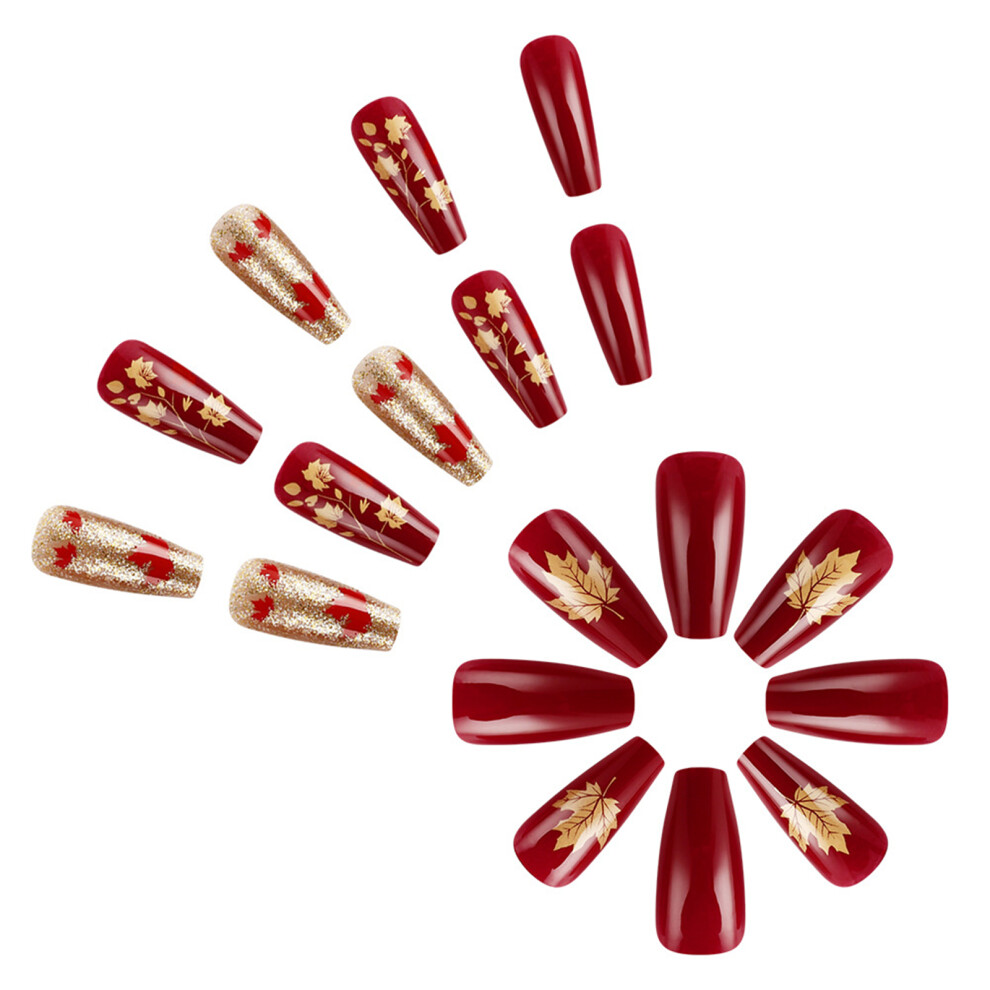 24Pcs Fall Thanksgiving Press on Nails Short Square Maple Leaves
