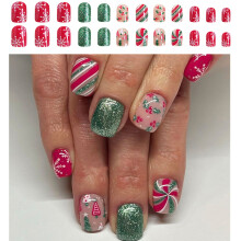 Christmas Tree Press on Nails Glossy Green Glitters Stick on