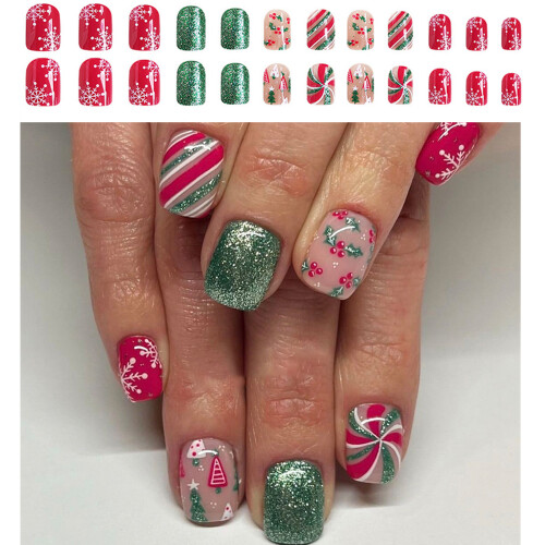 Christmas Tree Press on Nails Glossy Green Glitters Stick on