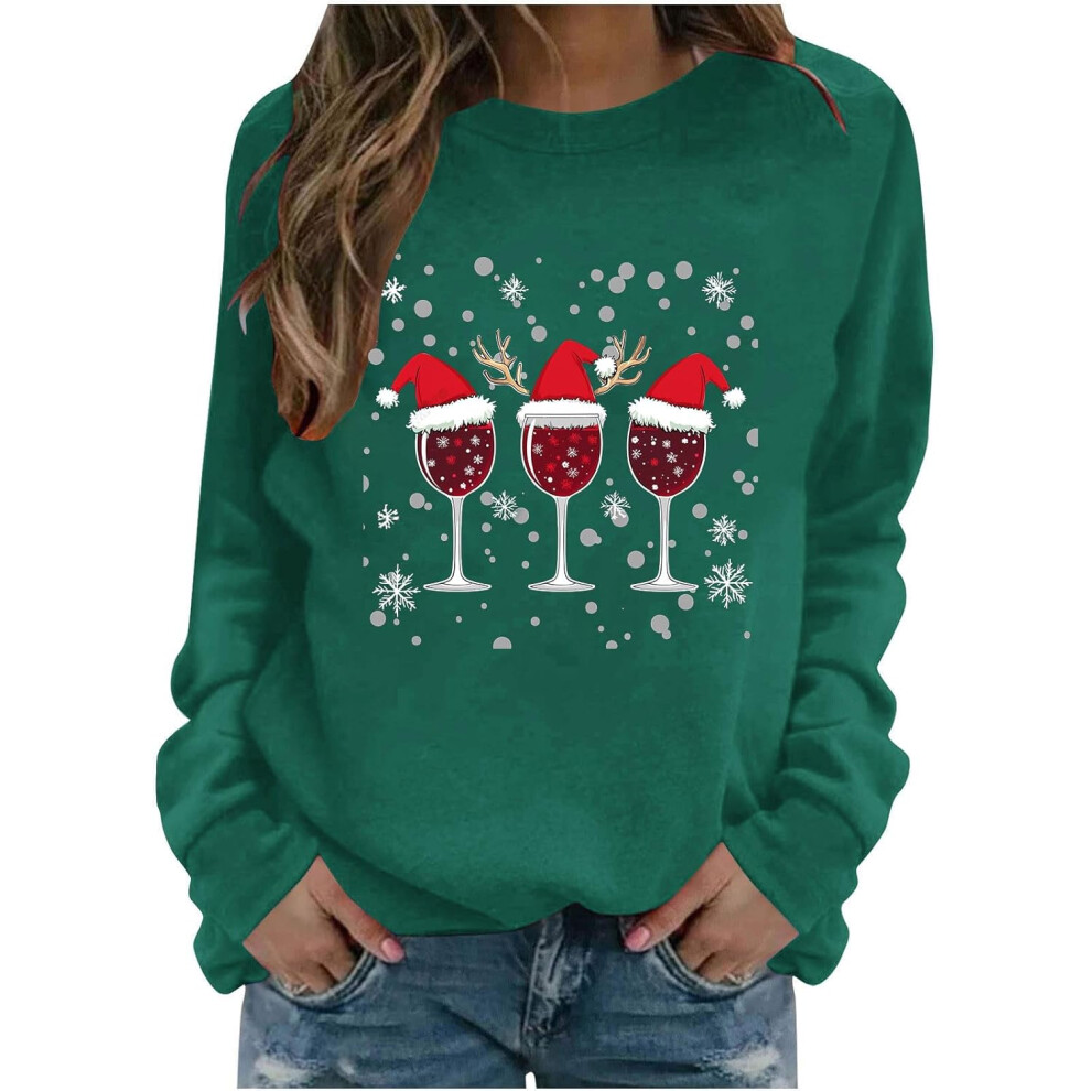 (L, 004* Army Green) Christmas Jumpers for Women UK Merry Christmas Sweatshirts Long Sleeve Xmas Tops Red Wine Glasses Graphic Crewneck Casual Shirts-image-OPC-PKF62FP-NEW
