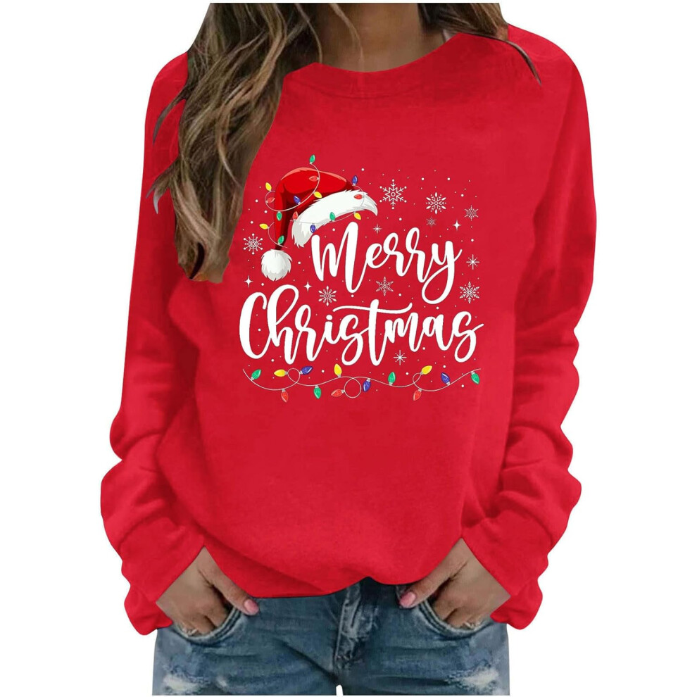 (S, 001* Red) Christmas Jumpers for Women UK Merry Christmas Sweatshirts Long Sleeve Xmas Tops Red Wine Glasses Graphic Crewneck Casual Shirts Funny H-image-OPC-PKF62HP-NEW