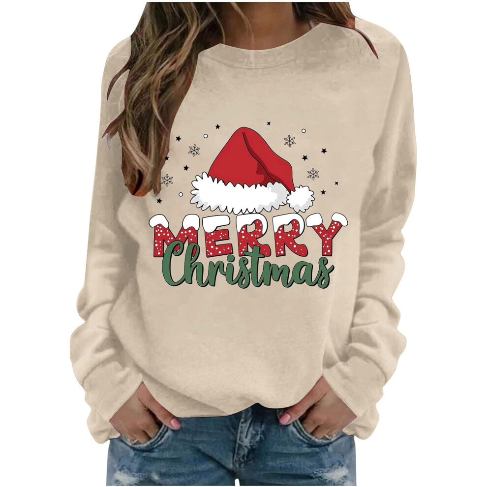 (S, 002* Khaki) Christmas Jumpers for Women UK Merry Christmas Sweatshirts Long Sleeve Xmas Tops Red Wine Glasses Graphic Crewneck Casual Shirts Funny-image-OPC-PKF62HW-NEW