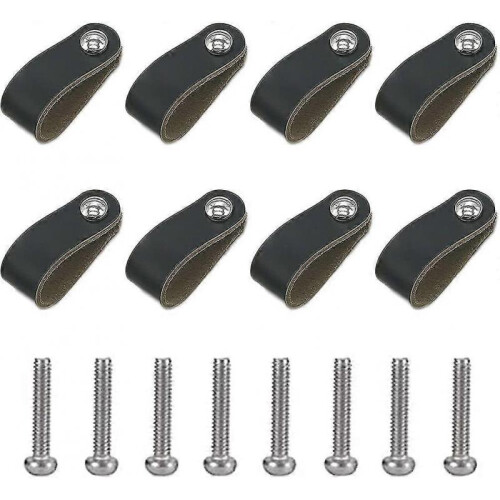 8 Pieces Leather Handle. Cabinet Handle In Black Leather. Leather Handle With