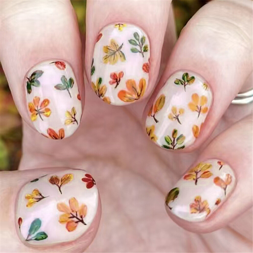 24x Thanksgiving False Nails Short Square Press On Nails Leaves