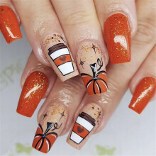 24Pcs Fall Press on Nails Short Almond Stick on Nails Golden