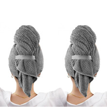(Grey*2, one-size) Hair Drying Fleece Towel, Solid Color Microfiber Soft Super Absorbent Hair Wrap Towel with Elastic Strap, Quick Drying Towel, Absorbent