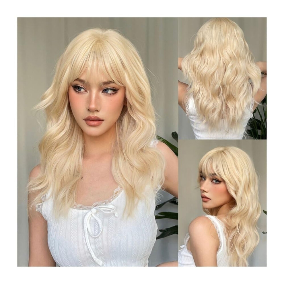 Deep Wave Lace Front Wigs Human Hair Platinum Blonde Wavy Wig with Bangs Heat Resistant Synthetic Hair for Women