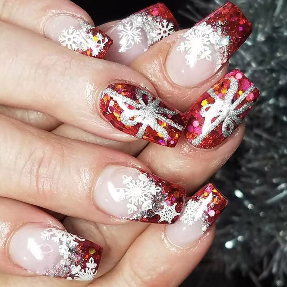 24x French Tip False Nails Snowflake Artificial Nails Ballerinas