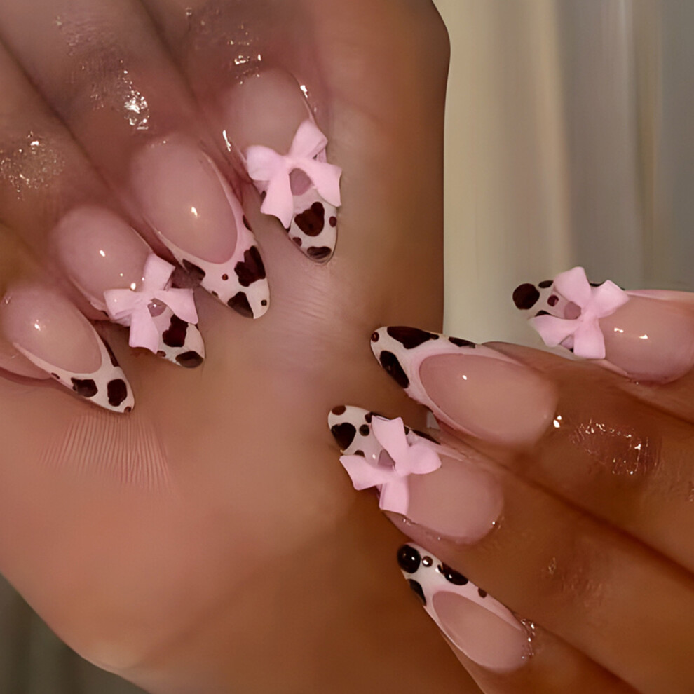 3D Bows Full Cover Stick on Nails French Tip False Nails Almond