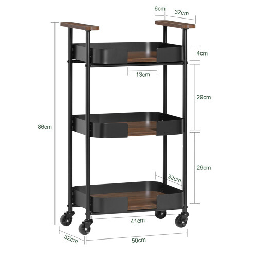 SoBuy 3-Tier Kitchen Trolley with Wheels, Black/Brown 2