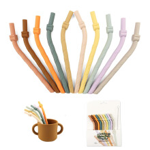 Silicone Straws Set of 10, Reusable Bendable BPA-Free Wide Straws for Smoothies and Juices with Cleaning Brush, Bear-Shaped
