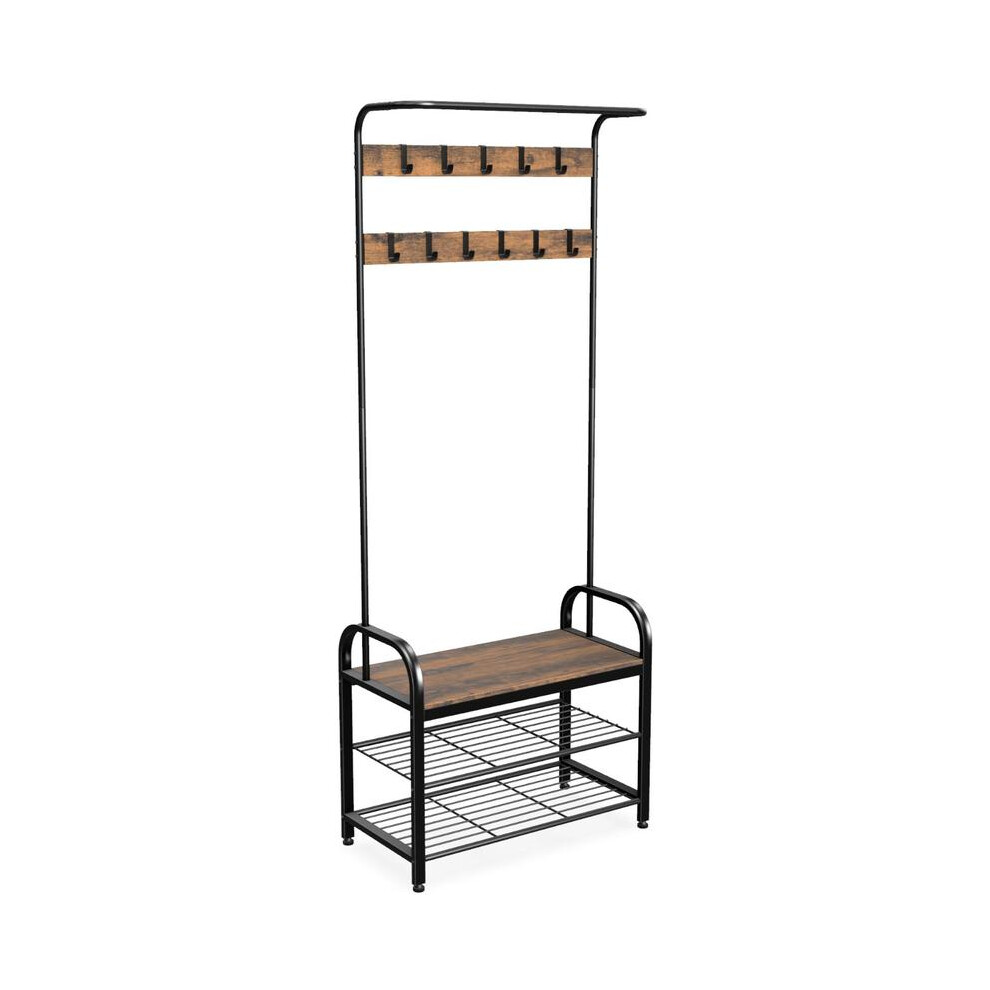 (Rustic Brown) Entryway Coat Hanger & Shoe Rack Hanging Metal Organiser Shelf 5033790602364