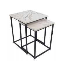 (Default) Set Of 2 Coffee Table Marble Effect Top Nest Of Tables With Black Metal Frame