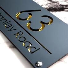 (Matt Grey & GoldMirror & Modern Text) K Smart Sign | Matt Dark Grey Luxe Classic & Modern H3 A4 280mm x 140mm | Beautiful laser cut Acrylic Centralised Number house door signs nu