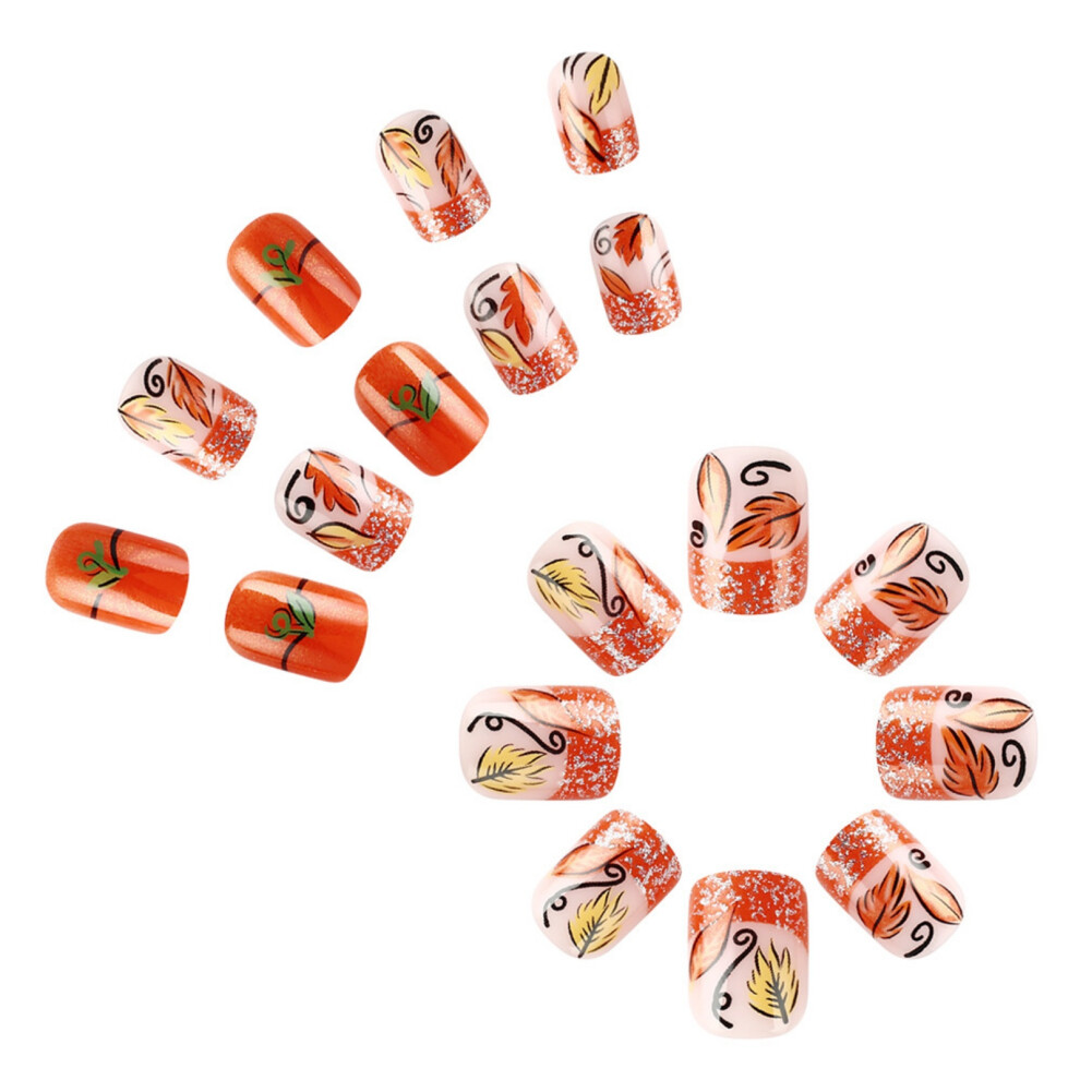 Short Square Fall Themed Press On Nails with Maple Leaf Glitters
