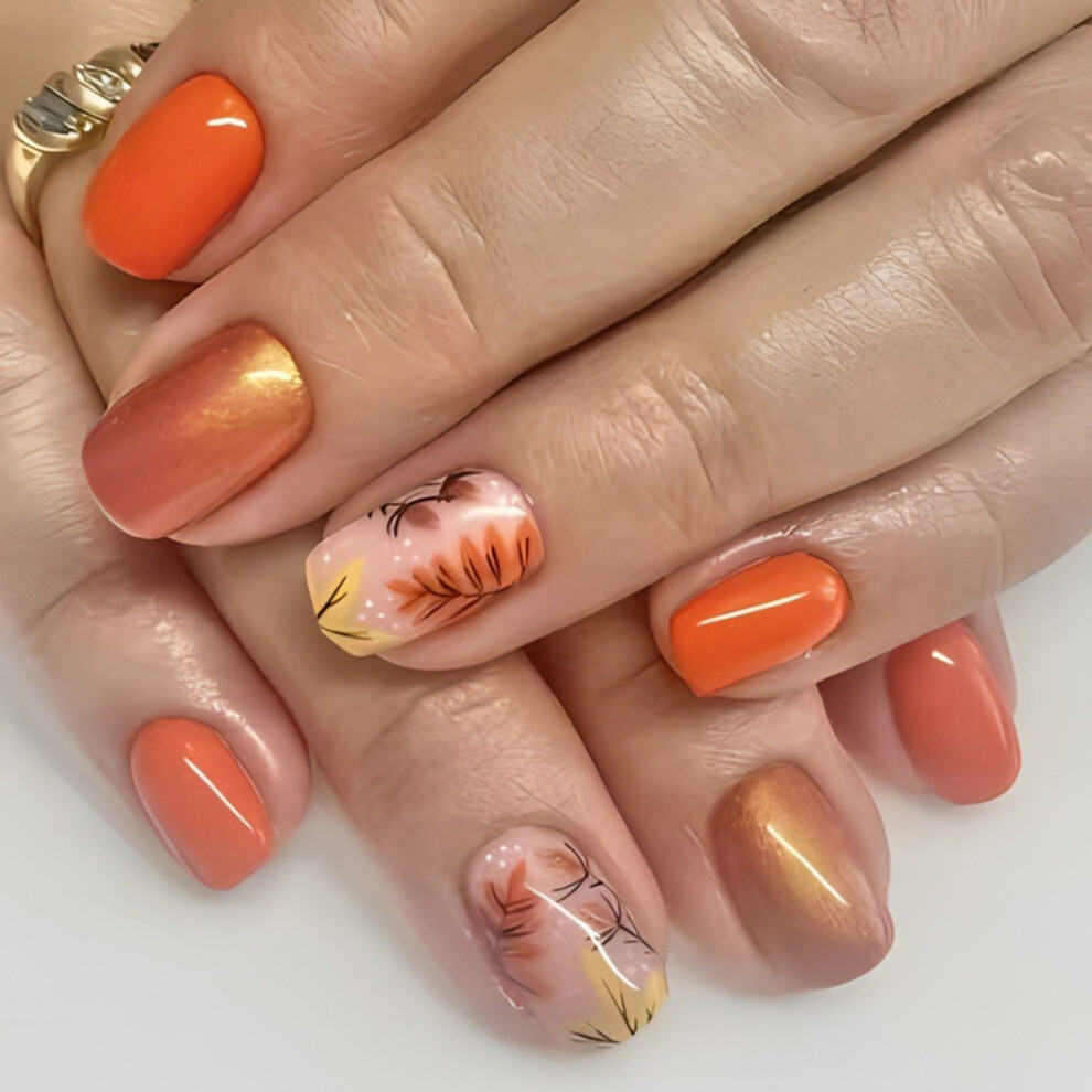Maple Leaf Press on Nails Short Square Thanksgiving False Nails