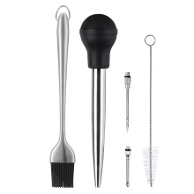 Stainless Steel Turkey Baster with BBQ Basting Brush, Rubber Bulb, 2 Flavor Needles, and Cleaning Brush for Grilling