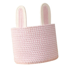 Cotton Rope Woven Basket Organizer Pink Storage Bin with Rabbit Ear Design for Nursery and Desktop Sundries