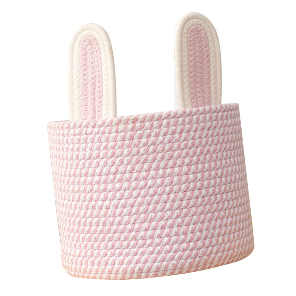Cotton Rope Woven Basket Organizer Storage Bin With Rabbit Ear Design For Nursery And Desktop Sundries Pink