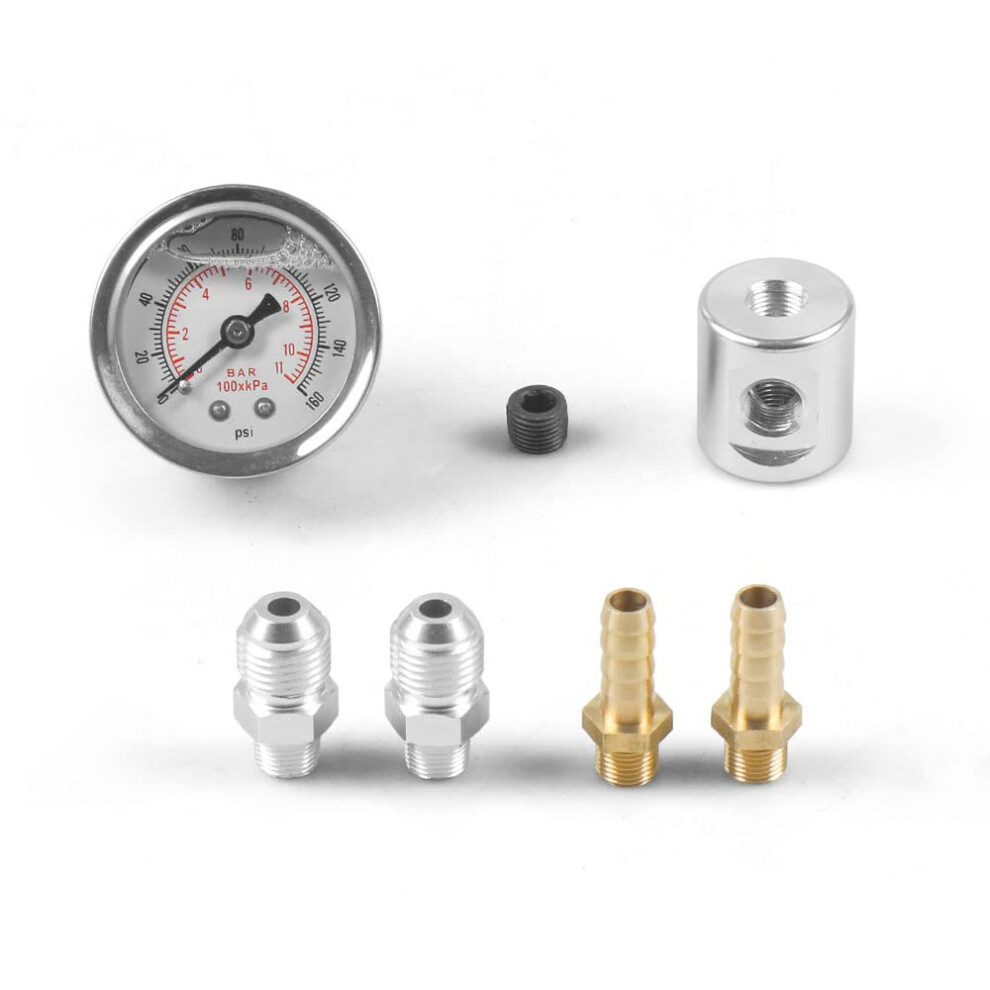 Universal 1/8 Npt Fuel Pressure Gauge Liquid Filled Polished Case 0-160 Psi With Tee Adapter For Fuel Injection Systems 6038364317445
