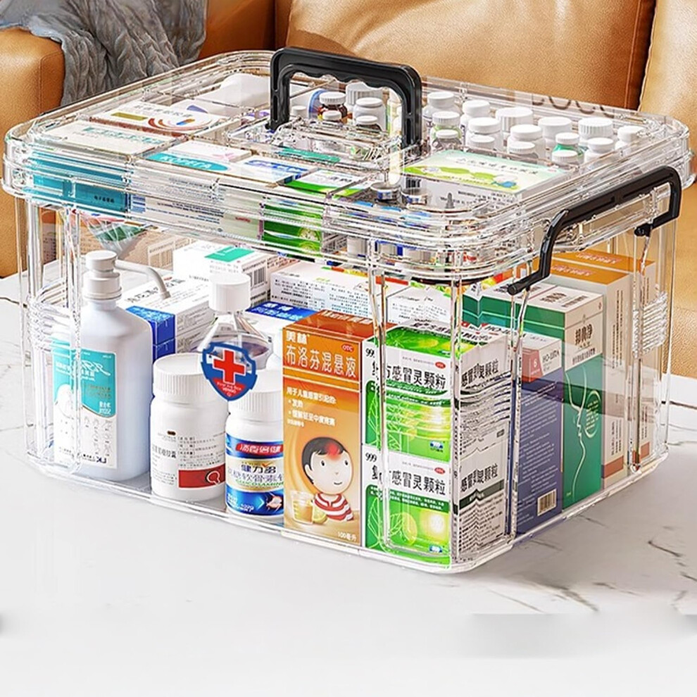 Household Medicine Storage Box Organiser, Transparent Double Layer First Aid Kit, Portable Medication Cabinet with Lid,  Multi-Grid Design
