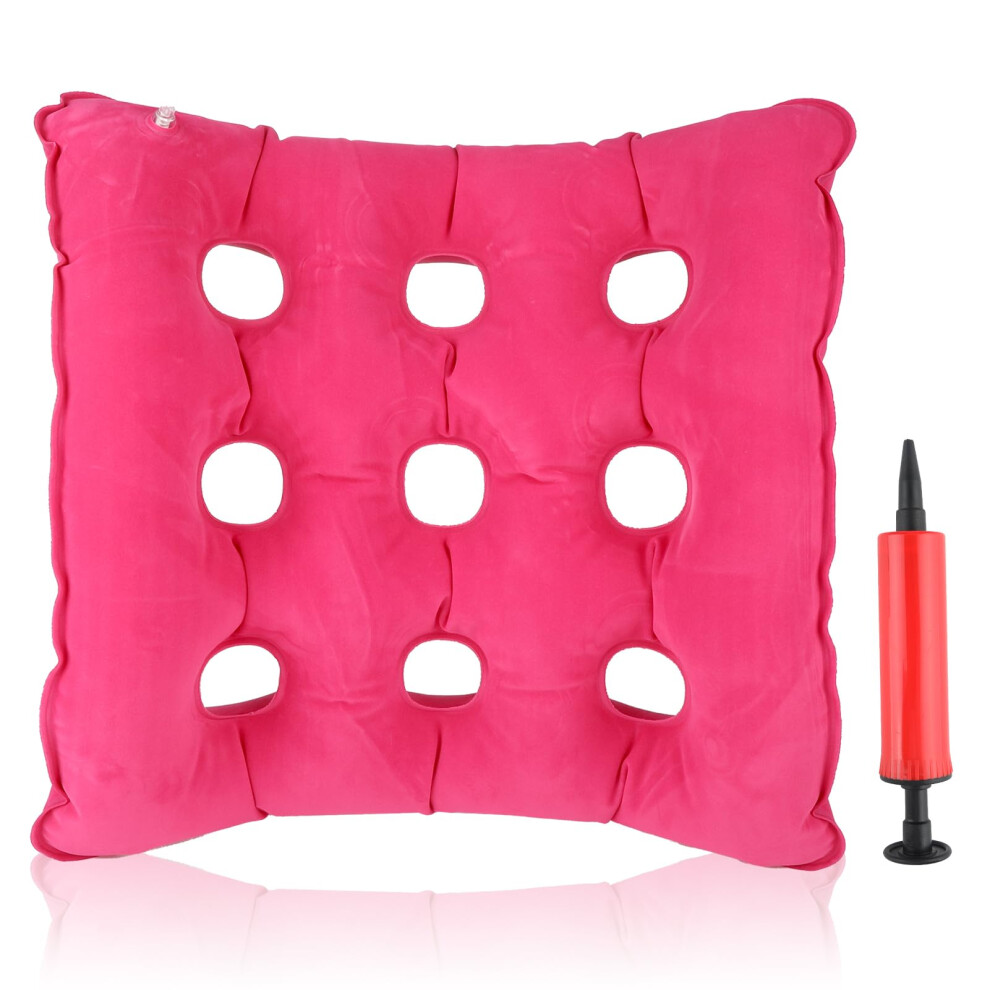 Red Air Inflatable Seat Cushion For Travel, Flocking 16 Holes Pressure Relief Cushion With Pump, Anti Bedsore Chair Cushion - Rose