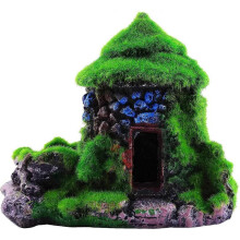Aquarium Decorations Fish Hideout House Cave with Green Lifelike Moss