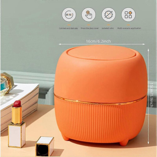 Mini Round Desktop Bin with Lid, Plastic, for Home, Kitchen, Bathroom, Office (Orange) 1