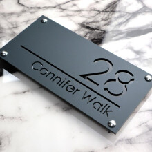 (Dark Grey & Gloss Black) K Smart Sign | Luxe A4 280mm x 140mm | Beautiful laser cut house door sign numbers wall plaques with mirror or marble number including all f