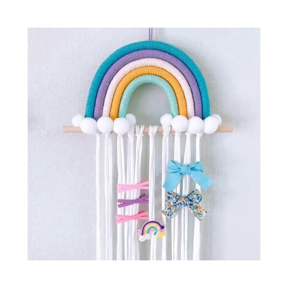 Rainbow Macrame Bow Holder For Girls, Hanging Hair Bow Organizer In Woven Clip Decor For Nursery Room Accessories Blue