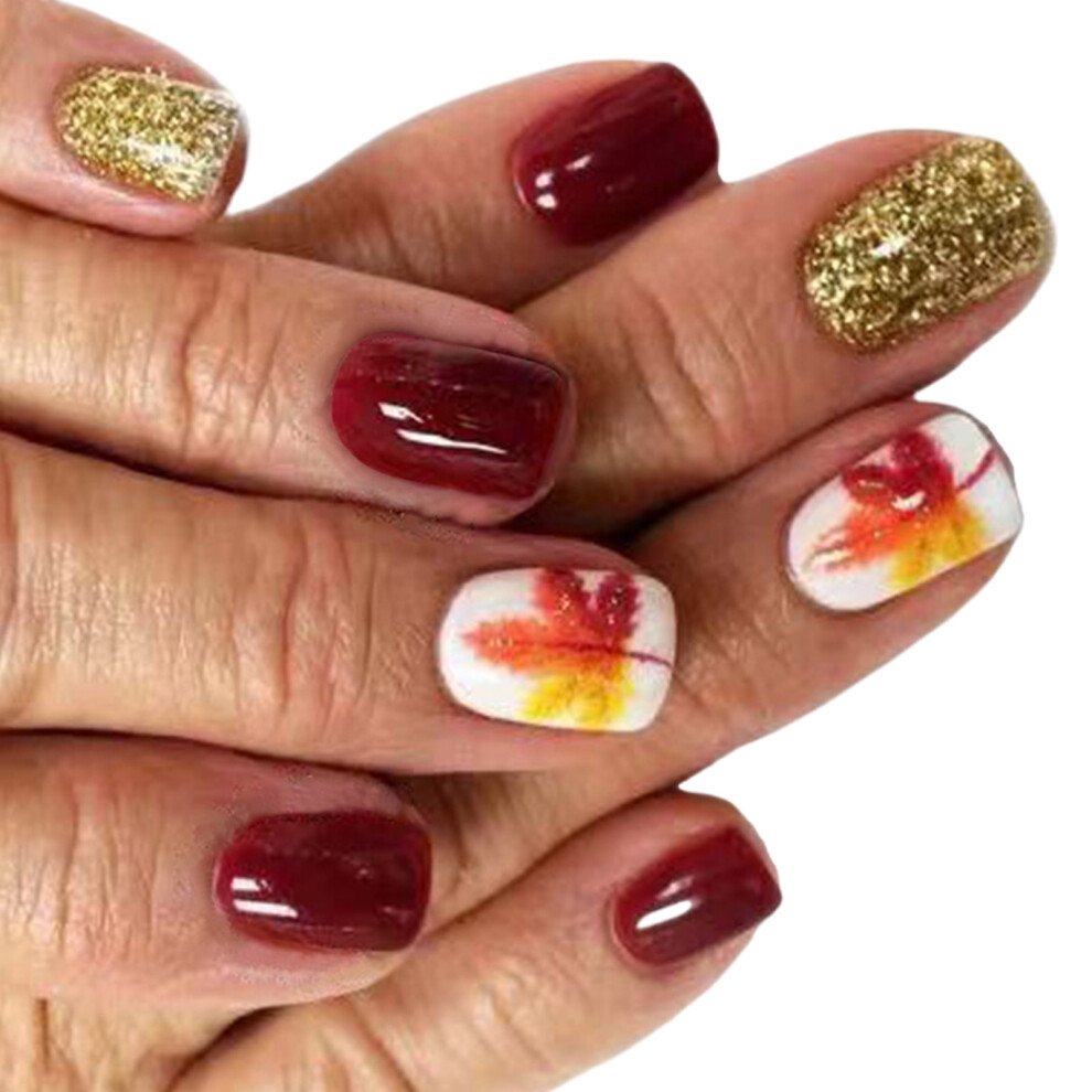 Glittering Press On Nails Short Square False Nails Maple Leaves