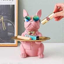 French bulldog doll with tray stainless steel table decoration sculpture decoration key bowl statue small parts container fruit bowl(Pink)