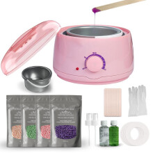 (Pink-cheaper) 【Shop Now】Smooth At‑Home Collapsible Waxing Kit for Women & Men - Silicone Wax Warmer with 5 Hard Wax Bead Bags & 20 Applicator Sticks - Ful