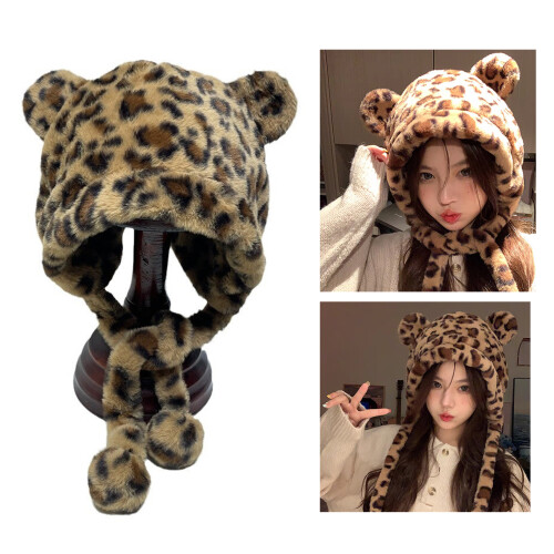 Popular Plush Leopard Hat Furry Bear Ear Skull Hat Thicken Caps 1