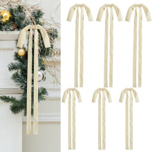 (Beige) 6pcs Christmas Bow Ornament Large Velvet-Like Ribbon Bows with Looping Hooks, Holiday Decorations for Wreaths, Garlands, Tree Topper