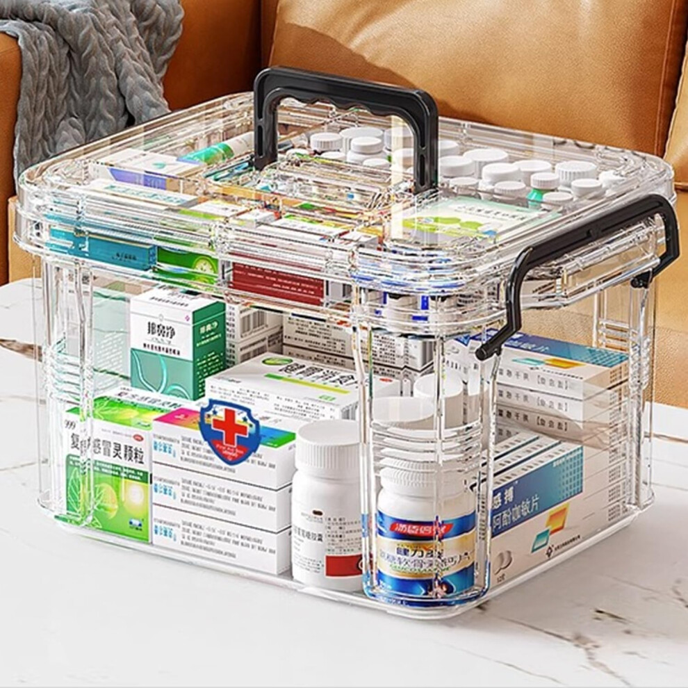 Medicine Storage Box Transparent Small, Double Layer Household Organizer, Multi Grid First Aid Medication Cabinet with Lid