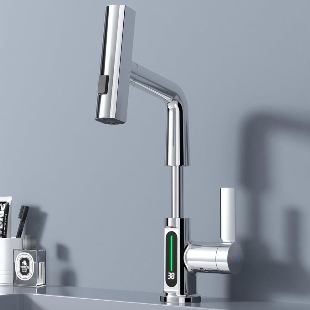 Led Bathroom Faucet With Pull Out Sprayer Temperature Display Sink Liftable Waterfall Basin Single Handle Black 9084446864335