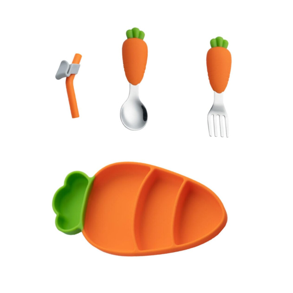 Silicone Divided Plate Set with Stainless Steel Fork and Spoon for Easy Clean Healthy Feeding - Child Safe Tableware Kit