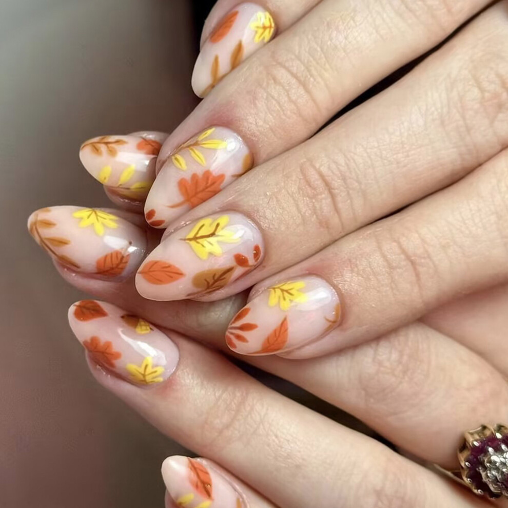 24Pcs Almond Artificial Nails for Thanksgiving Gift False Nail